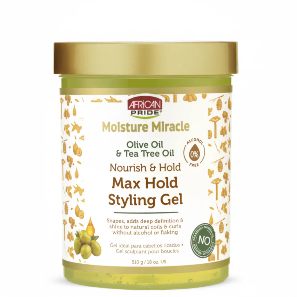 African Pride Olive Tea Tree Max Hold Styling Gel 18oz | Define Shine Non-Flaking Hold