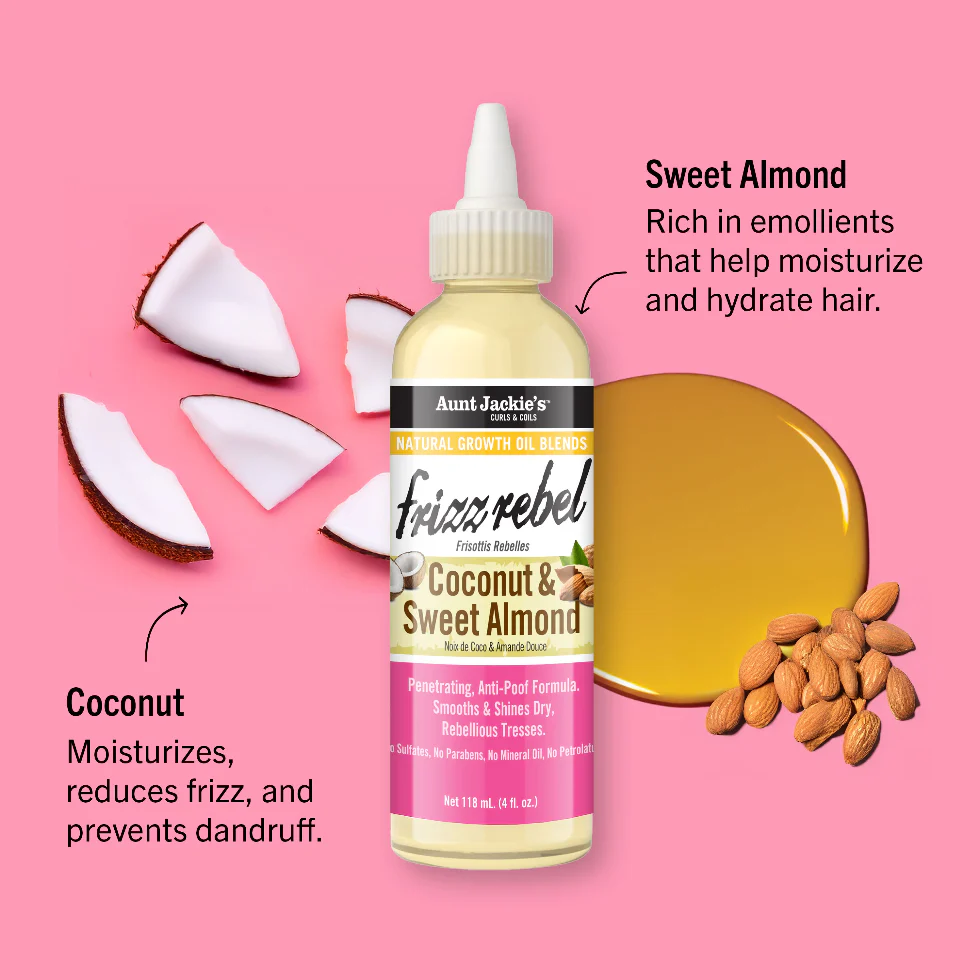 Aunt Jackie’s Frizz Rebel Growth Oil 4oz | Coconut & Sweet Almond Smooth Shine Oil - Image 2