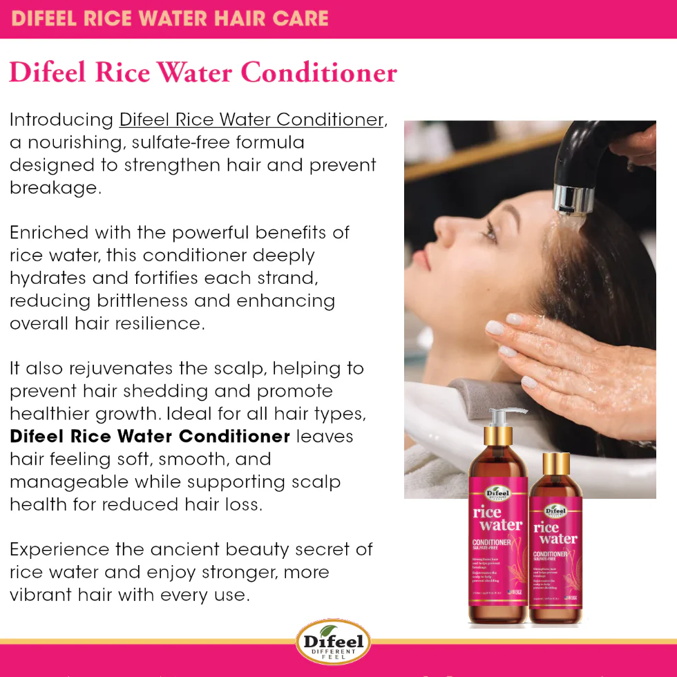 Difeel Rice Water Sulfate-Free Conditioner 12oz | Breakage & Shedding Care - Image 3