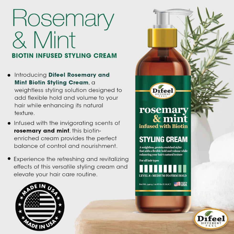 Difeel Rosemary & Mint Biotin Styling Cream 12oz | Volume & Flexible Hold - Image 3