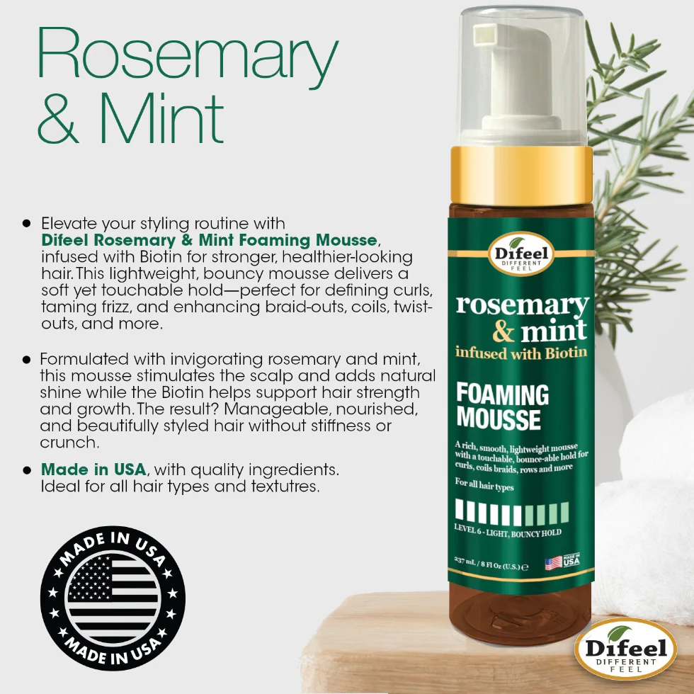 Difeel Rosemary & Mint Foaming Mousse 8oz | Volume, Hold & Lightweight Styling - Image 5