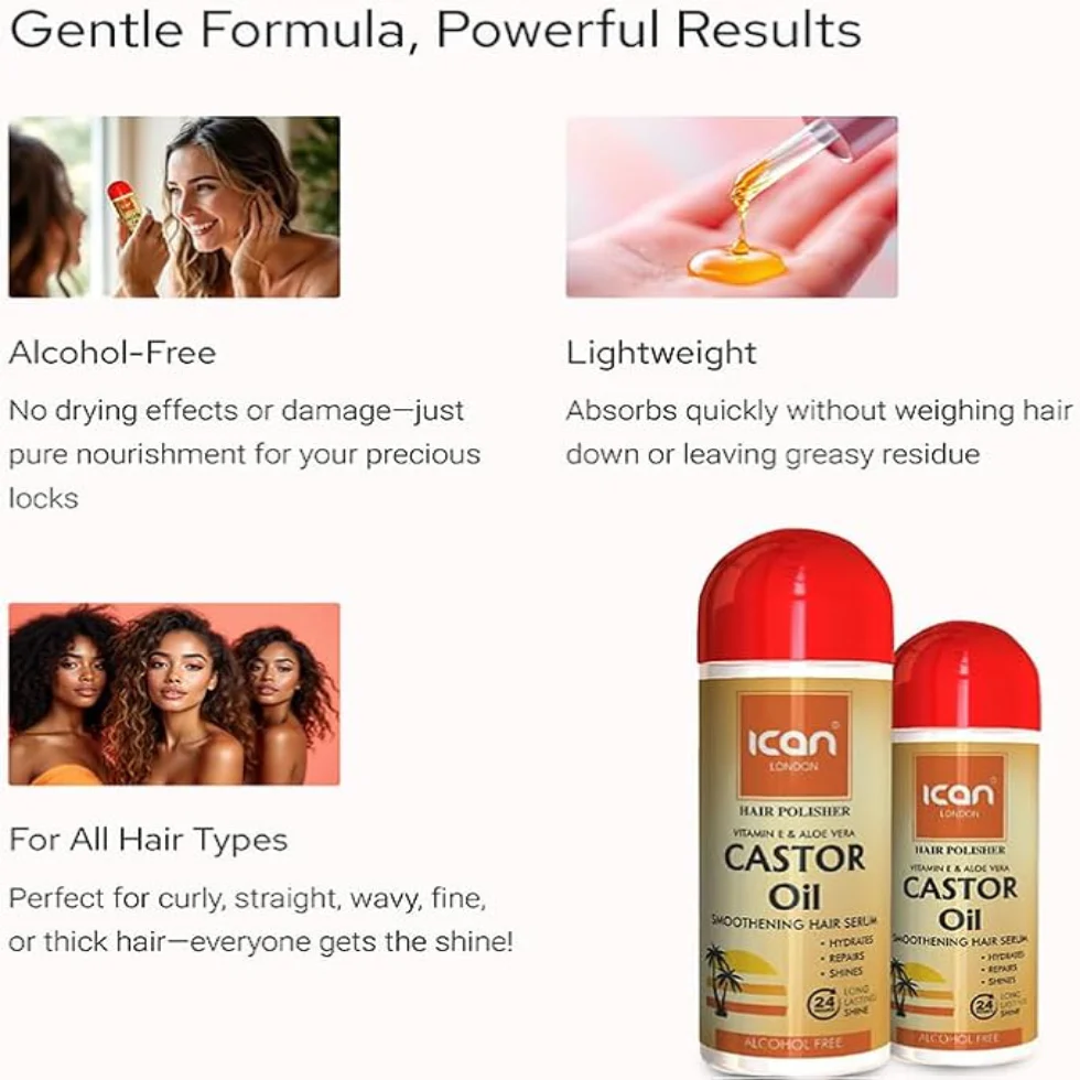 ICAN London Castor Oil Hair Serum 207ml | Smooth Shine Vitamin E & Aloe Vera - Image 2