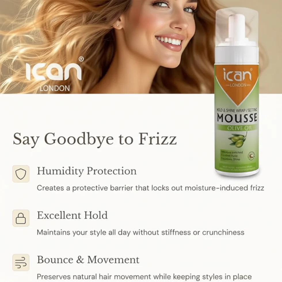 ICAN London Olive Oil Wrap Set Mousse 207ml | Hold Shine & Defined Curls - Image 2