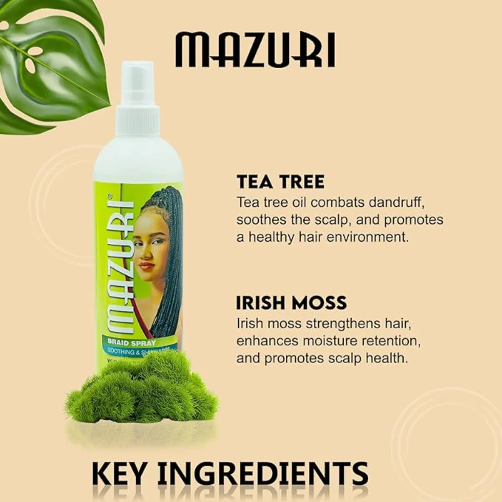Mazuri Braid Spray 355ml | Tea Tree & Irish Moss Shine Mist for Braids - Image 2