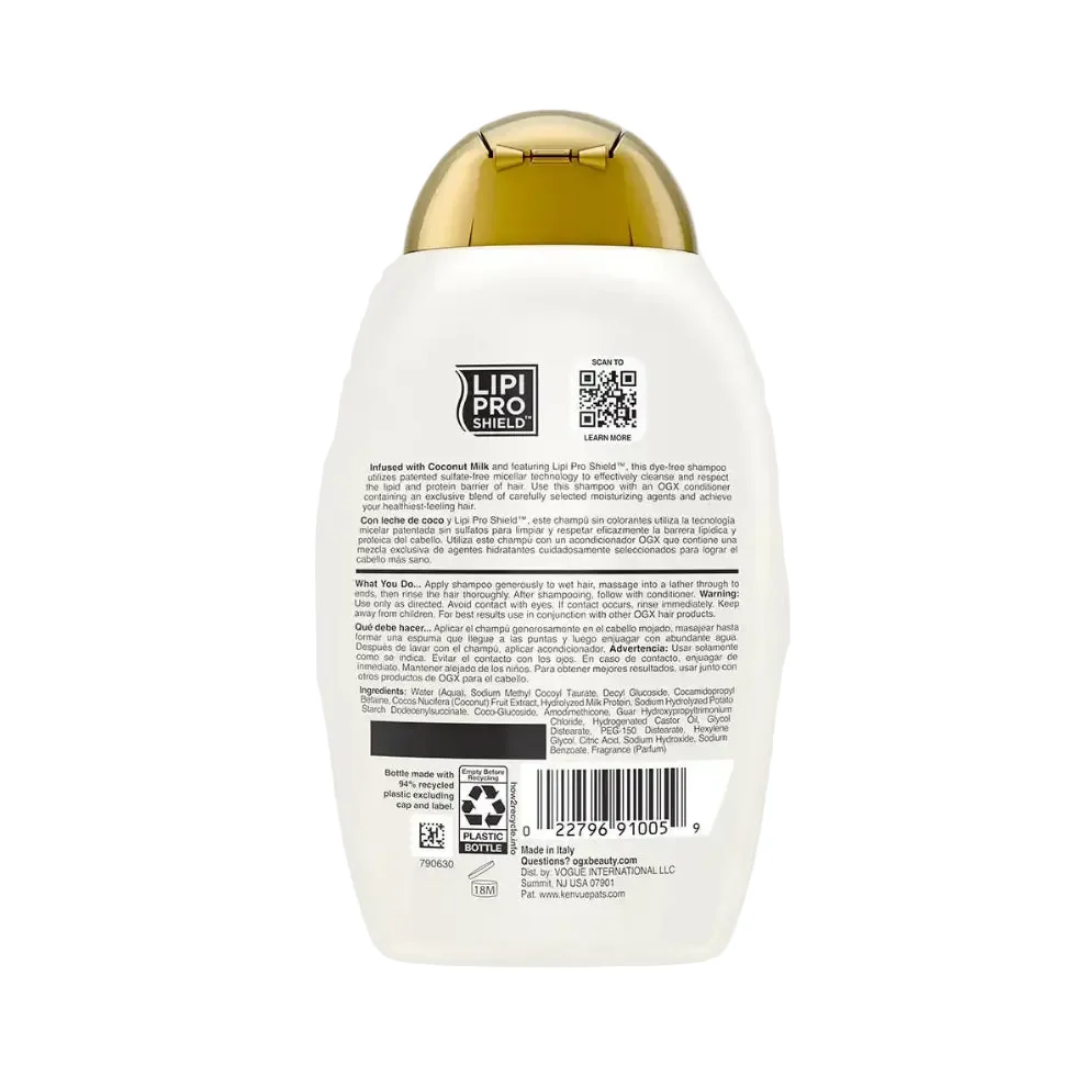 OGX Coconut Milk Shampoo 385ml | Hydrate Restore Strengthen Dry Hair Care - Image 2